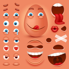 Cartoon egg 3d smiley face vector character creation constructor. Emoji with emotions, eyes and mouthes set.