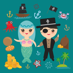 Mermaid with pirate card banner design copy space, pirate boat with sail, gold coins crab octopus starfish island with palm trees anchor compass anchor helm treasures on blue background. Vector