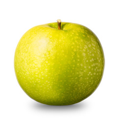 Single green apple isolated on white background with clipping path and shiny reflections