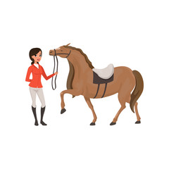 Jockey girl and thoroughbred horse, equestrian professional sport vector Illustration