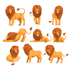Proud powerful lion character in different actions set of cartoon vector Illustrations on a white background © topvectors