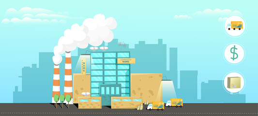 Cartoon style. Plant in the city. Factory of production with the main office. City landscape.