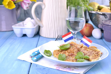 Dutch pancakes with bacon. Calorie breakfast. Free space for text.