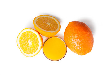 Fototapeta na wymiar Orange juice glass with orange slices isolated on a white background