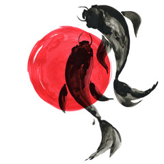Koi fishes in Japanese painting style. Traditional Beautiful watercolor hand drawn illustration