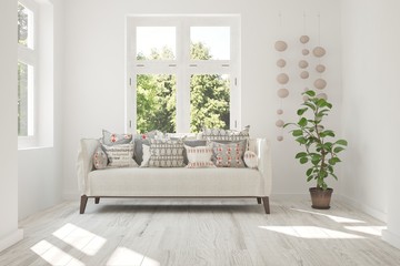 Idea of white room with sofa and summer landscape in window. Scandinavian interior design. 3D illustration