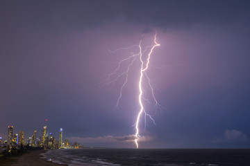 Gold Coast skyline being lit up with lightening bolts