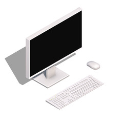 Isometric concept of workplace with computer. 3d office equipment. Minimalistic Vector illustration. Monitor, keyboard and mouse isolated on white background