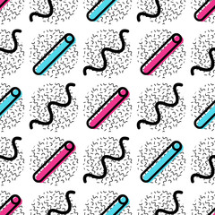 Vector seamless retro comic memphis pattern with geometric elements. Chaotic trendy geometry in minimalistic flat style. Suitable for posters, covers, prints.