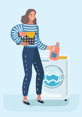 Woman housewife washes clothes in the washing machine. Vector illustration