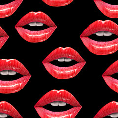 Obraz premium Seamless pattern of red sexy lips on black background. Vector lipstick or lip gloss 3d realistic design. Fashion illustration