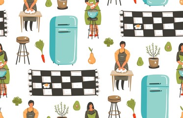 Hand drawn vector abstract modern cartoon cooking time fun illustrations icons seamless pattern with cooking equipment,people,food and kitchen interior isolated on white background
