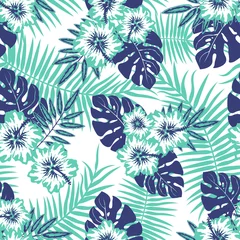 Foto op Plexiglas Seamless Vector Pattern of Summery Tropical flowers and leaves ideal for creating wallpapers, fabric patterns, clothing prints, labels, crafts and other projects © Karmina