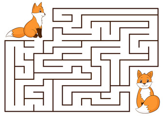 Educational maze game with cute cartoon fox. Activity page for kids. Hand drawn. Vector illustration