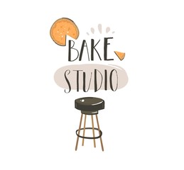 Hand drawn vector abstract modern cartoon cooking time fun illustrations icons lettering logo design with cooking equipment,cheesecake and Bake studio calligraphy isolated on white background
