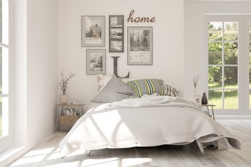 Inspiration of white minimalist  bedroom with summer landscape in window. Scandinavian interior design. 3D illustration