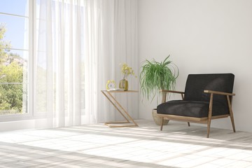 Idea of white room with sofa and summer landscape in window. Scandinavian interior design. 3D illustration