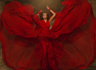 Woman in Red Dress, Lady Fantasy Gown Flying and Waving, Hair Blowing on Wind