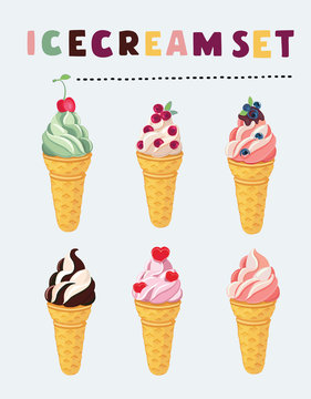 Set of ice cream in different flavors illustration