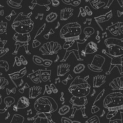 Children theatre patterns. Elements for design on the theatre. Collection of kids theatre symbols: mask, ticket, binocular. KIndergarten or school children perfomance. Doodle icons. Vector.