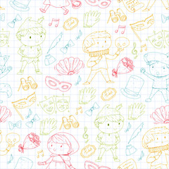 Children theatre patterns. Elements for design on the theatre. Collection of kids theatre symbols: mask, ticket, binocular. KIndergarten or school children perfomance. Doodle icons. Vector.