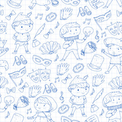 Children theatre patterns. Elements for design on the theatre. Collection of kids theatre symbols: mask, ticket, binocular. KIndergarten or school children perfomance. Doodle icons. Vector.