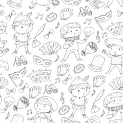 Children theatre patterns. Elements for design on the theatre. Collection of kids theatre symbols: mask, ticket, binocular. KIndergarten or school children perfomance. Doodle icons. Vector.