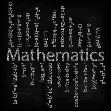 Set of mathematical formulas on a black background. Hand drawing. Drawing chalk on a blackboard.Vector image