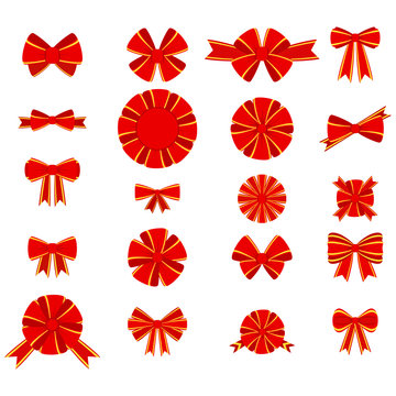 red bow for decorating gifts, surprises for holidays. Packing presents for birthday, new year and Christmas. Promotion and Discount flat illustration. Objects isolated on white background.
