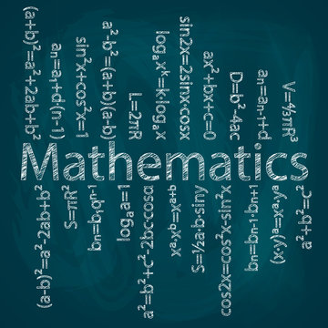 Set of mathematical formulas on a blue background. Hand drawing. Drawing chalk on a blackboard.Vector image