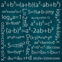 Set of mathematical formulas on a blue background.Drawing chalk on a blackboard. Vector image