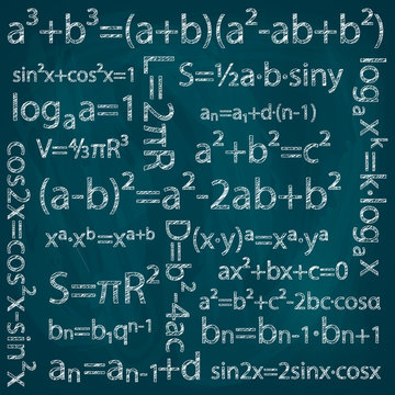 Set of mathematical formulas on a blue background.Drawing chalk on a blackboard. Vector image