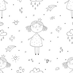 Fototapeta premium Cute hand drawn with cute little girl vector seamless pattern illustration