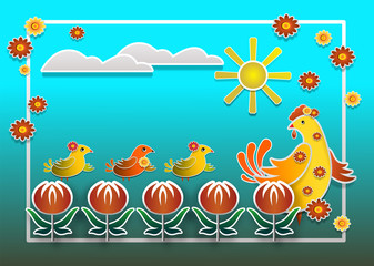 Fototapeta premium cheerful chicken with chickens walking among flowers