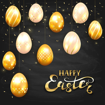 Happy Easter and golden eggs on black chalkboard background