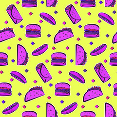 Bright acid seamless pattern with purple fast food on yellow background. Cute cartoon fastfood including hamburger, tacos, burrito, hot dog pop art texture for textile, wrapping paper, package