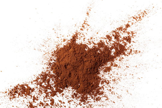 Cocoa powder pile isolated on white background, top view