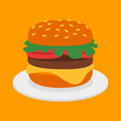 Big Hamburger on Plate. Vector Object.