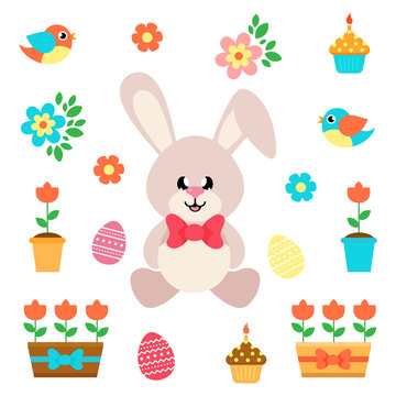 cartoon easter elements with bunny sitting