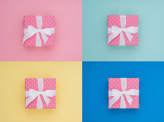 Wrapped gift box. Collage. Pastel Colour flat lay minimal concept.