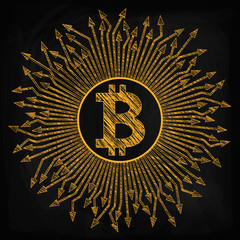 Crypto currency, bitcoin. In the figure the bitcoin icon, from it in different directions directed arrow. Drawing chalk on a blackboard. Sketch of a golden color on a black background