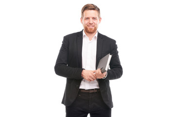 Portrait of young manager holding personal organizer on white background