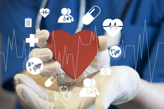 Doctor pushing button heart pulse virtual healthcare network on virtual panel medicine