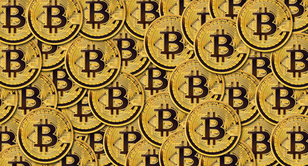many golden bitcoin coins as background for digital crypto currency cash