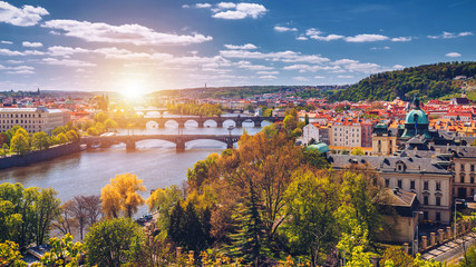 Skyline view panorama of Charles bridge (Karluv Most) with Old Town in Prague. Czech Republic