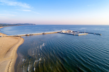 Sopot resort in Poland. SPA , old lighthouse, wooden pier (molo) with marina, yachts,  beach, ...