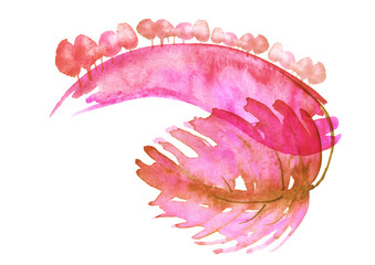 Watercolor summer forest, red, burgundy silhouette of trees, bushes. Field. Country view. Postcard, logo, card. Drawing of red, burgundy trees on a white isolated background. Ecological poster, logo. 