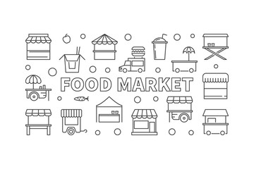 Food market horizontal banner. Vector street food illustration