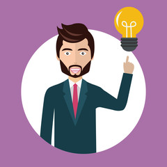 Businessman with an idea concept. Man standing next to light bulb as symbol of great business idea. Flat vector illustration