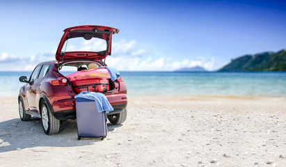 summer car on beach and landscape of sea 
